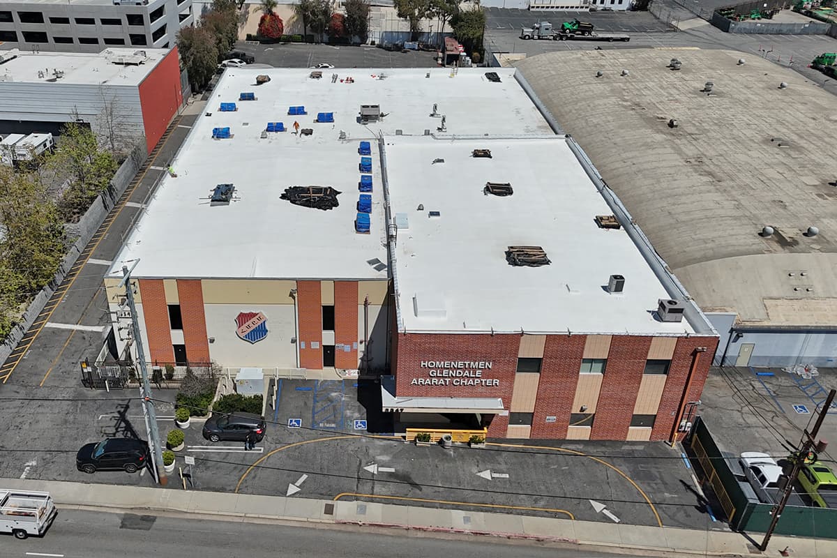 Aerial view of completed roof coating at Homenetmen Glendale Ararat Chapter